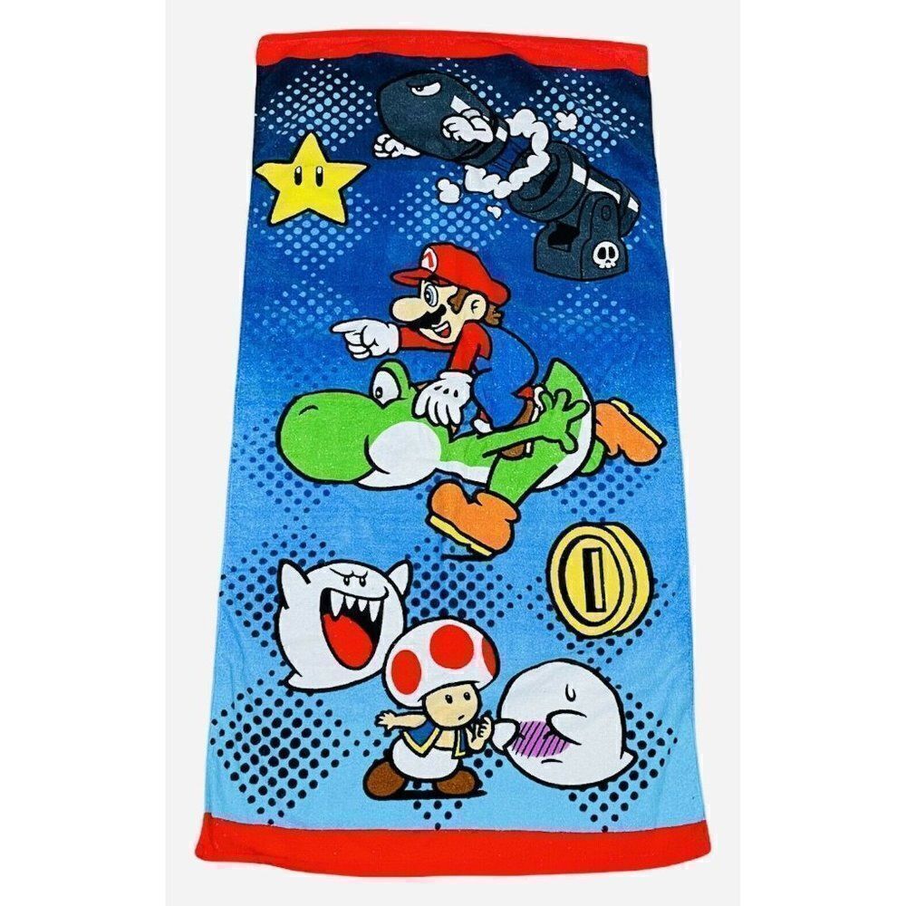2014 Nintendo Super Mario Towel RARE Print 55x27 Video Game Yoshi Toad Boo Star